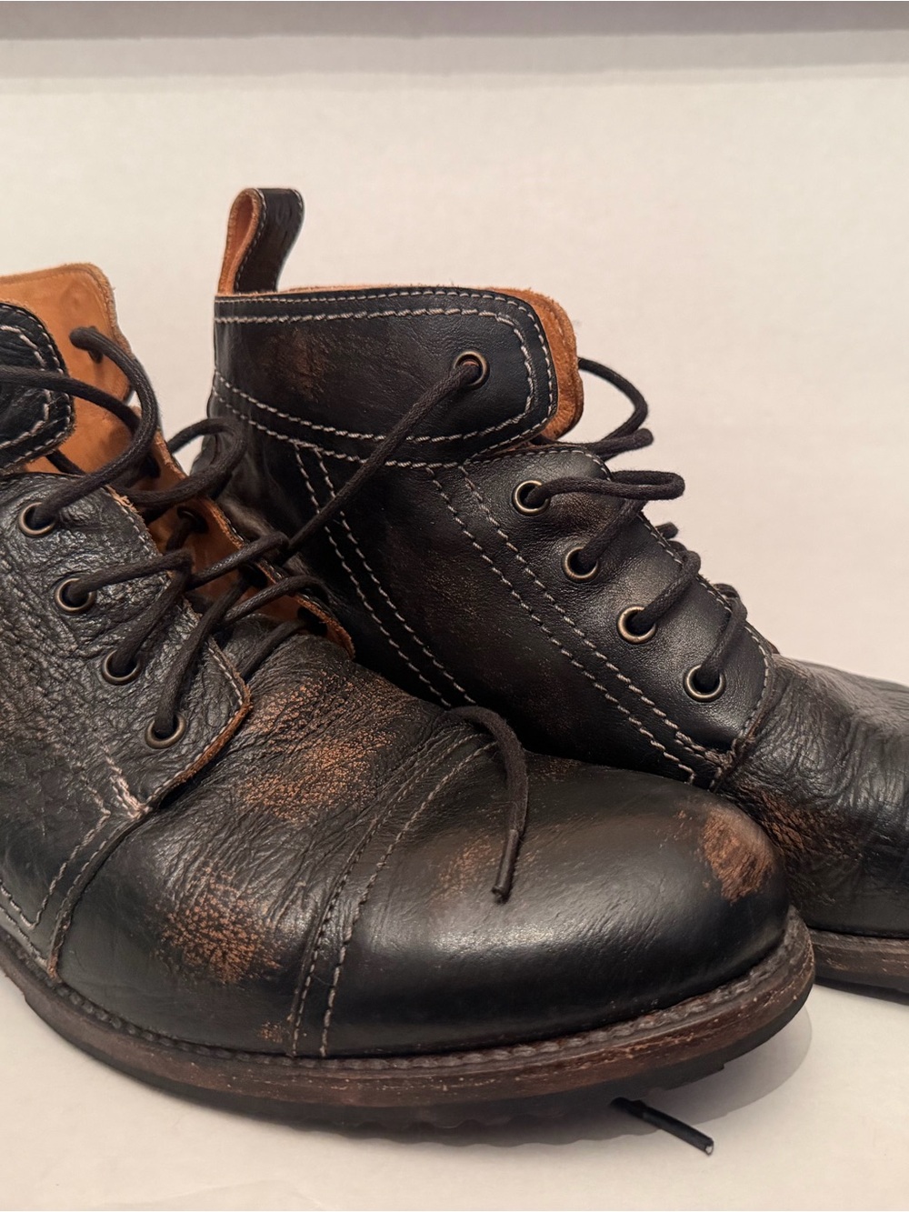 BED STU Cobbler Series Black Distressed Leather Cap Toe Ankle Boots